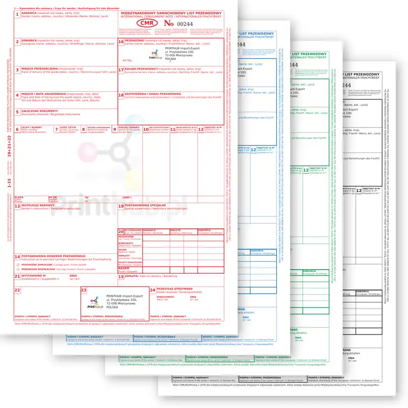 Nummerierte CMR-Drucke, personalisiert mit Logo und Unternehmensdaten. Das Formular kann beliebige 3 Sprachen enthalten, wie Polnisch, Deutsch, Englisch, Französisch, Ukrainisch, Russisch und andere.