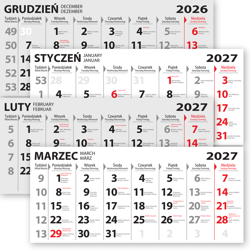 Viermonatskalender mit Namenstagen und Beschreibung wichtiger Tage im Jahr. <br> Maße 315x140 mm