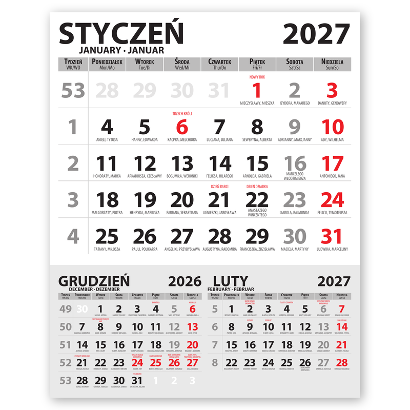Wandkalender mit Namenstagen und Beschreibung wichtiger Tage im Jahr. <br>Maße 280x355 mm