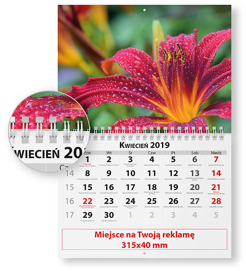 Zweiseitiger Kalender mit mehreren Feldern und einer Spirale in der Mitte.