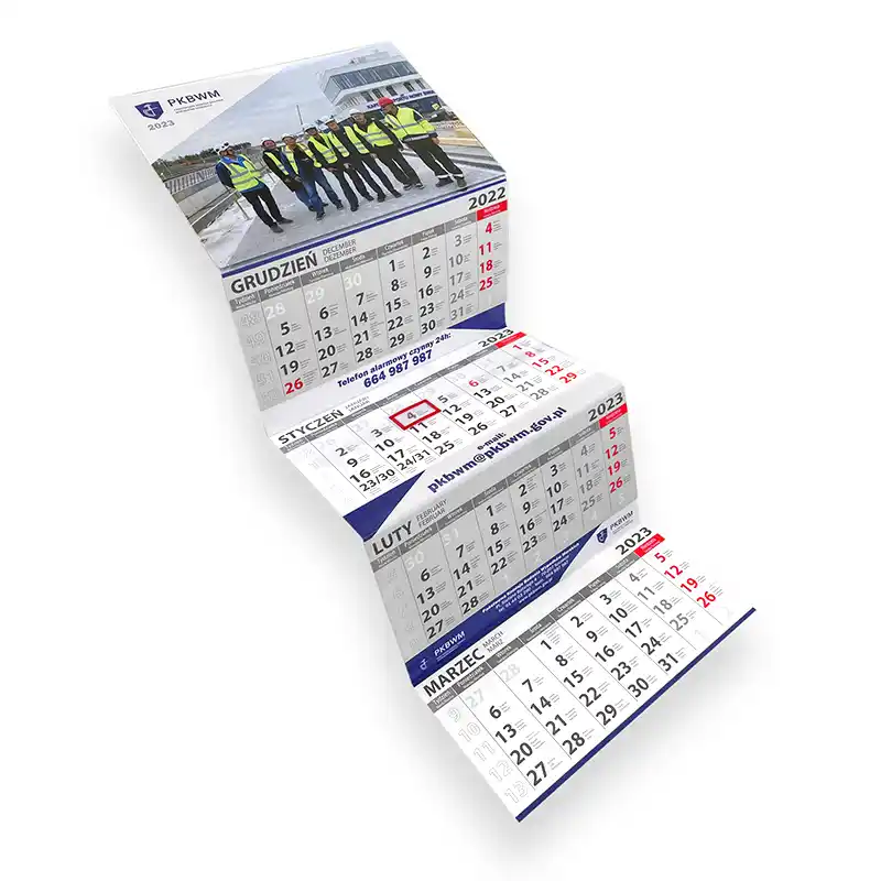 Viermonatskalender mit 3 Werbeanzeigen zwischen den Kalenderblöcken.